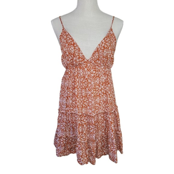 SANS SOUCI Orange Floral Baby Doll Dress Women's M Deep V-neck Strappy Strapless - Picture 2 of 10